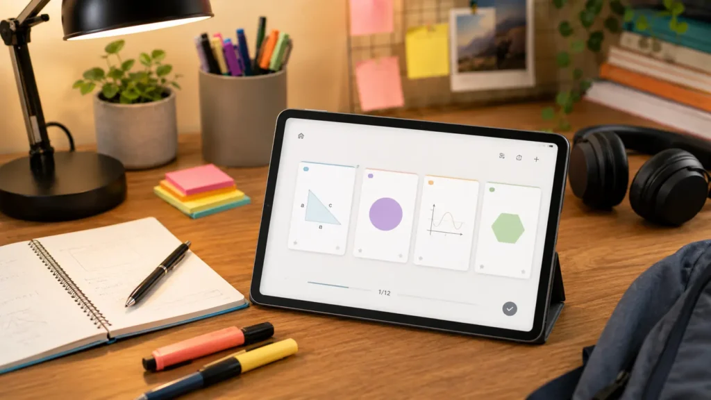 Flashcards na tela do tablet