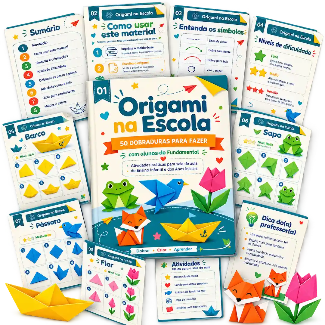 Mockup do infoproduto 50 Moldes de Origami com capa e páginas de exemplo