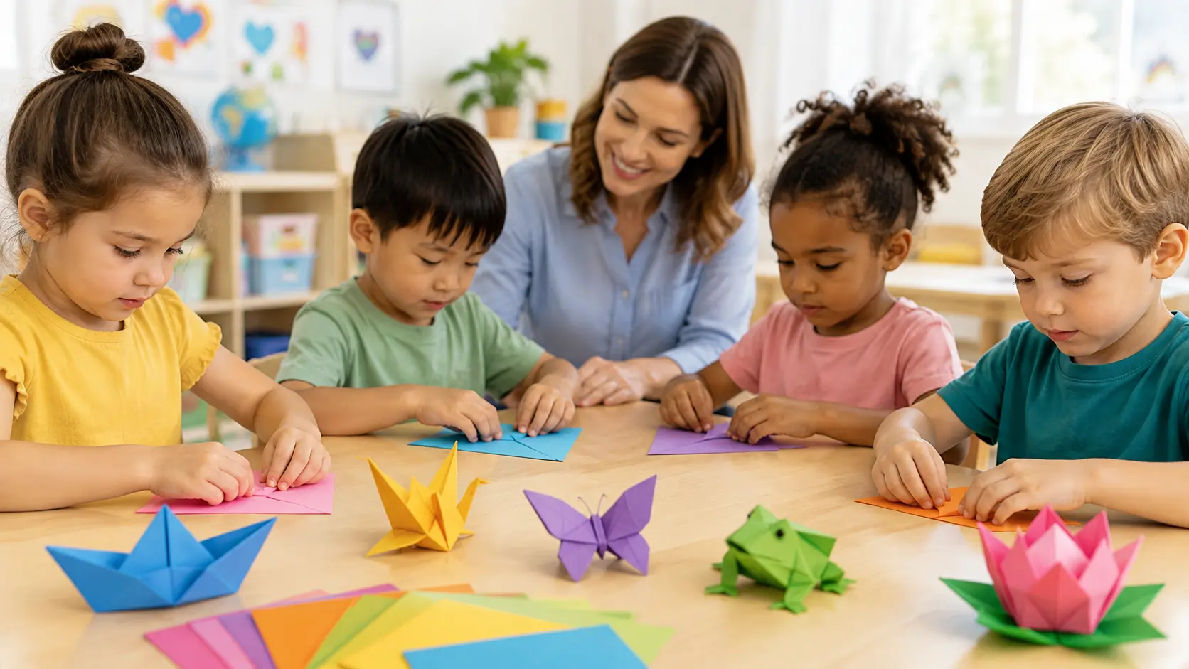 Professora e crianças usando origami