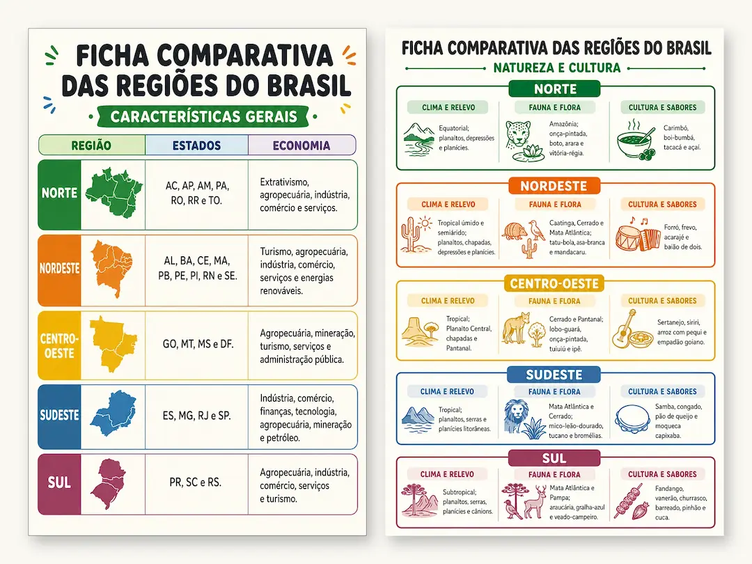 Fichas comparativas das Regiões do Brasil