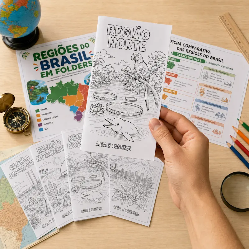 Mockup do infoproduto Folders das Regiões do Brasil com capa e páginas de exemplo